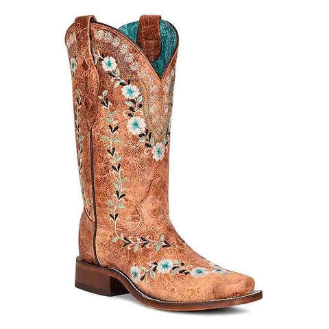 Corral Women's Square Toe Western Cognac Embroidery Cowhide Boots