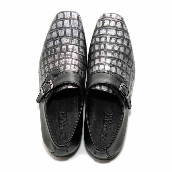 Sigotto Uomo Black Crocodile Print Embossed Monk Strap Buckle Dress Shoes