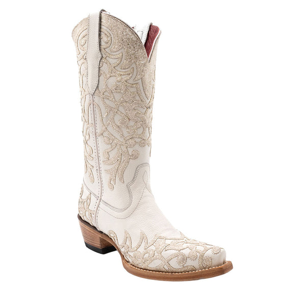 Ferrini Starlight White Full Grain Leather Snipped Toe Wedding Boots