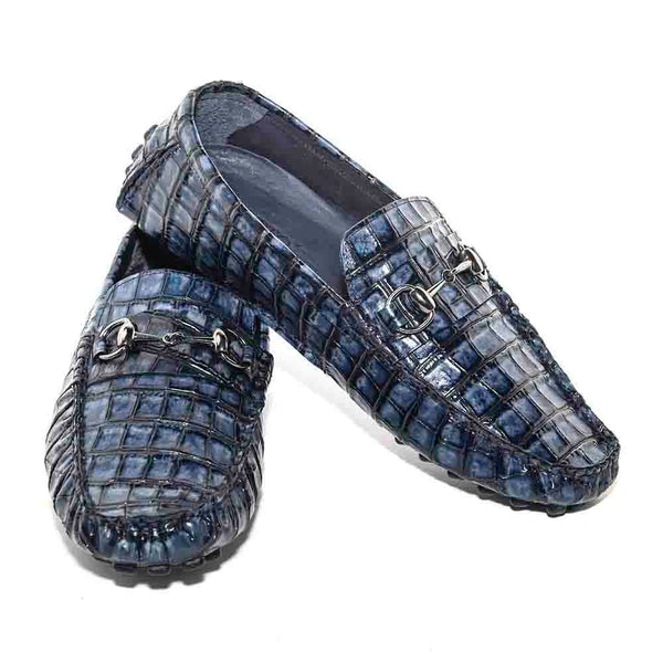 SIGOTTO UOMO Navy Blue Italian Leather Crocodile Print Bit Moccasin