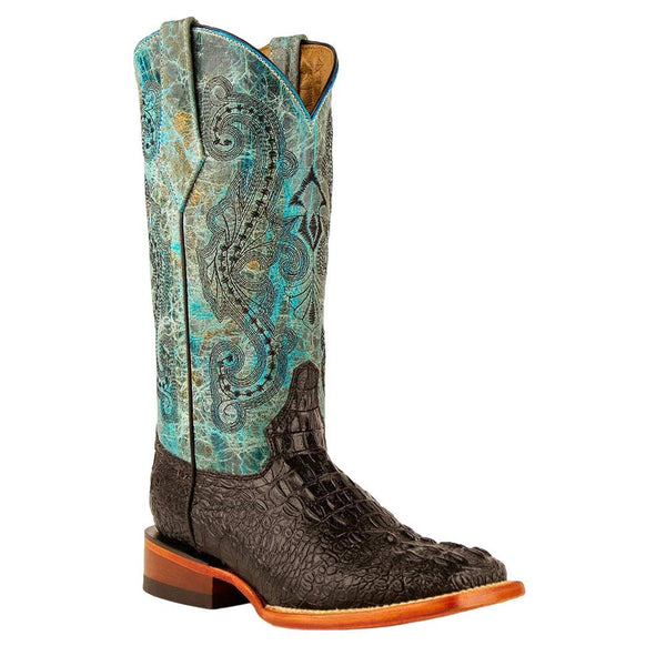 Ferrini Stampede Ladies Black/Teal Caiman Square Toe Cowhide Print Boots