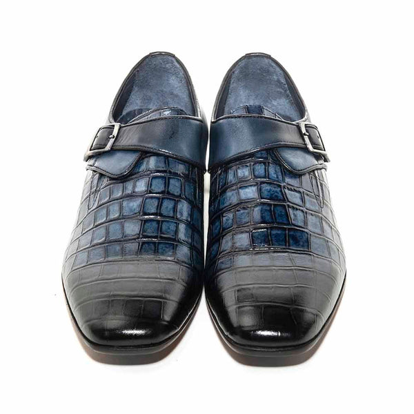 SIGOTTO Uomo Navy Blue Crocodile Buckle Monk Shoes