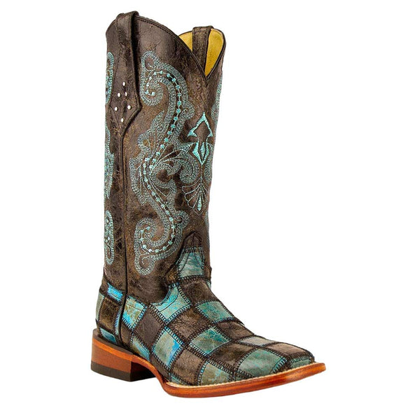 Ferrini Patchwork Ladies Black/Teal Full Grain Square Toe Leather Boots