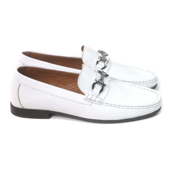 Sigotto Uomo White Grain Leather Bit Loafer with Leather Sole