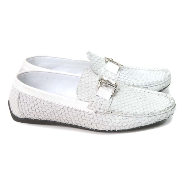 Sigotto Uomo White Embossed Snake Print Loafer with Rubber Sole