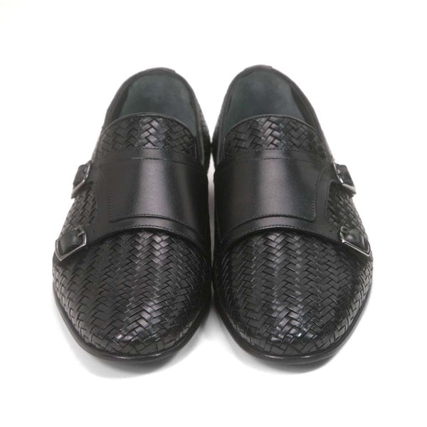 Golden Pass Black Woven Double Buckle Monk Strap Men's Shoes