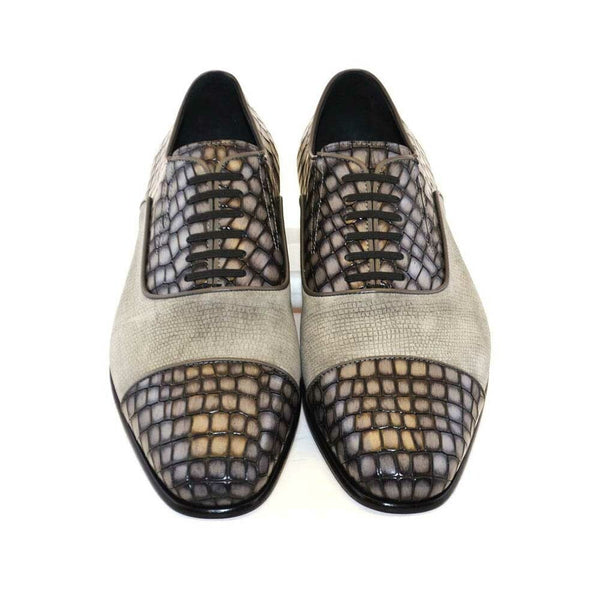 Corrente Grey Crocodile Print Calfskin & Suede Leather Fake Laces Mens Slip On