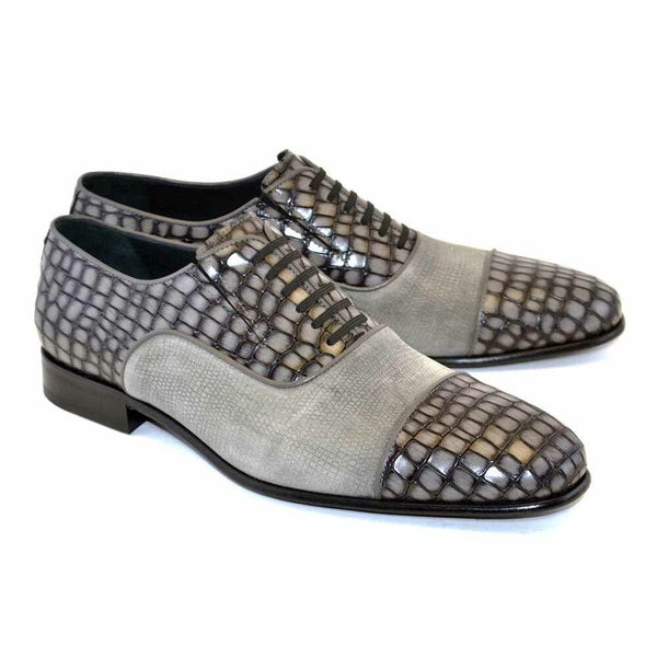 Corrente Grey Crocodile Print Calfskin & Suede Leather Fake Laces Mens Slip On