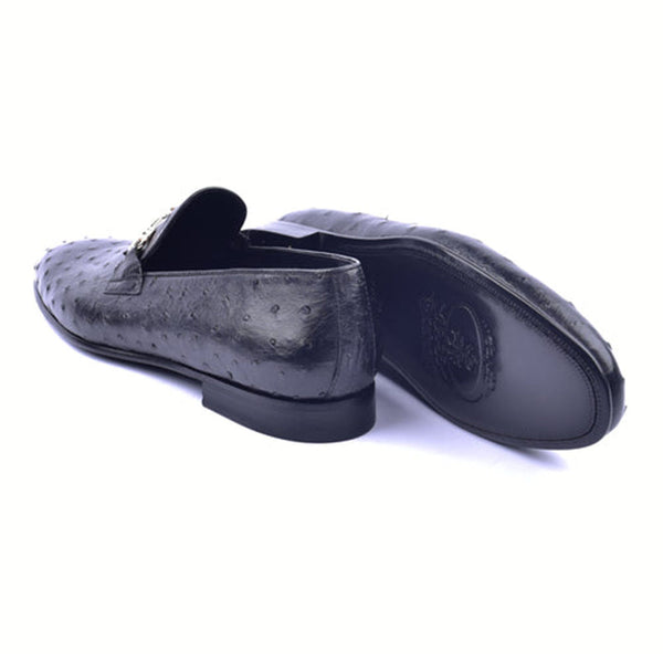 Corrente Genuine Ostrich Leather Silver Wow Bit Buckle Black Loafers