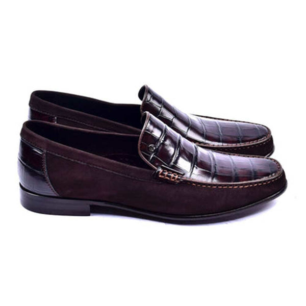 Corrente Jon Dark Brown Crocodile Print Leather & Suede Loafer for men