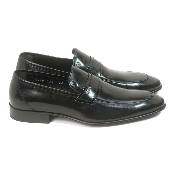 Golden Pass Men's Black Calf Leather Plain Toe Slip on Loafers with Leather Sole