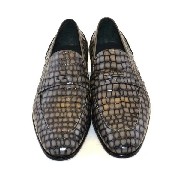 Corrente Grey Crocodile Print Calfskin Men Slip On Penny Loafer