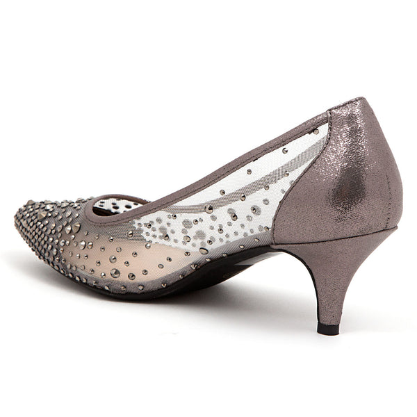 Lady Couture Silk Pewter Embellished Kitten Heels