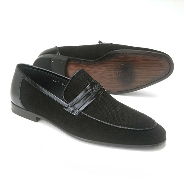 Corrente Black Perforated Suede Leather Men’s Slip On Loafers