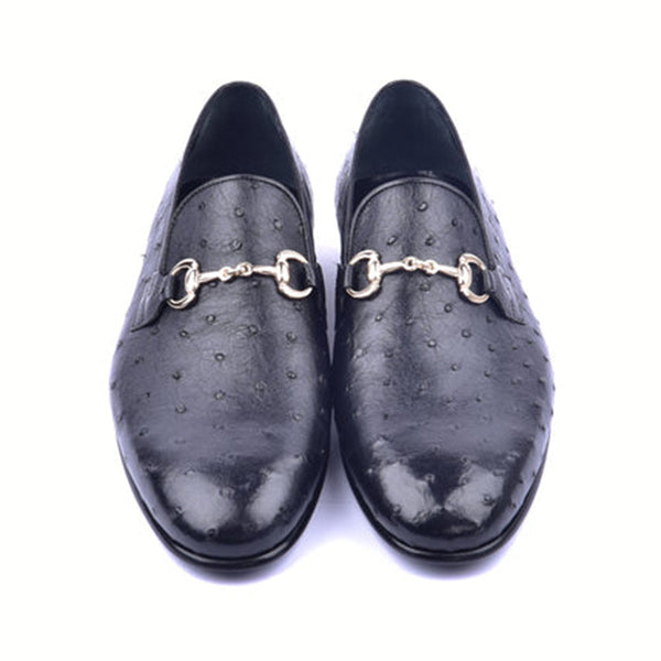 Corrente Genuine Ostrich Leather Silver Wow Bit Buckle Black Loafers