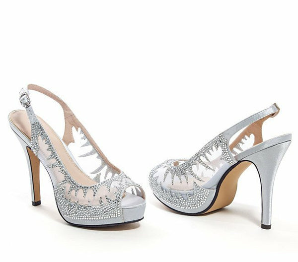 Lady Couture Dream Silver Jeweled Mesh Sling Back Heels